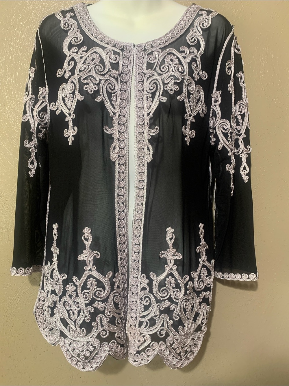 Simply Couture XL Black Sheer Tunic with Light Pink Embroidery NWT